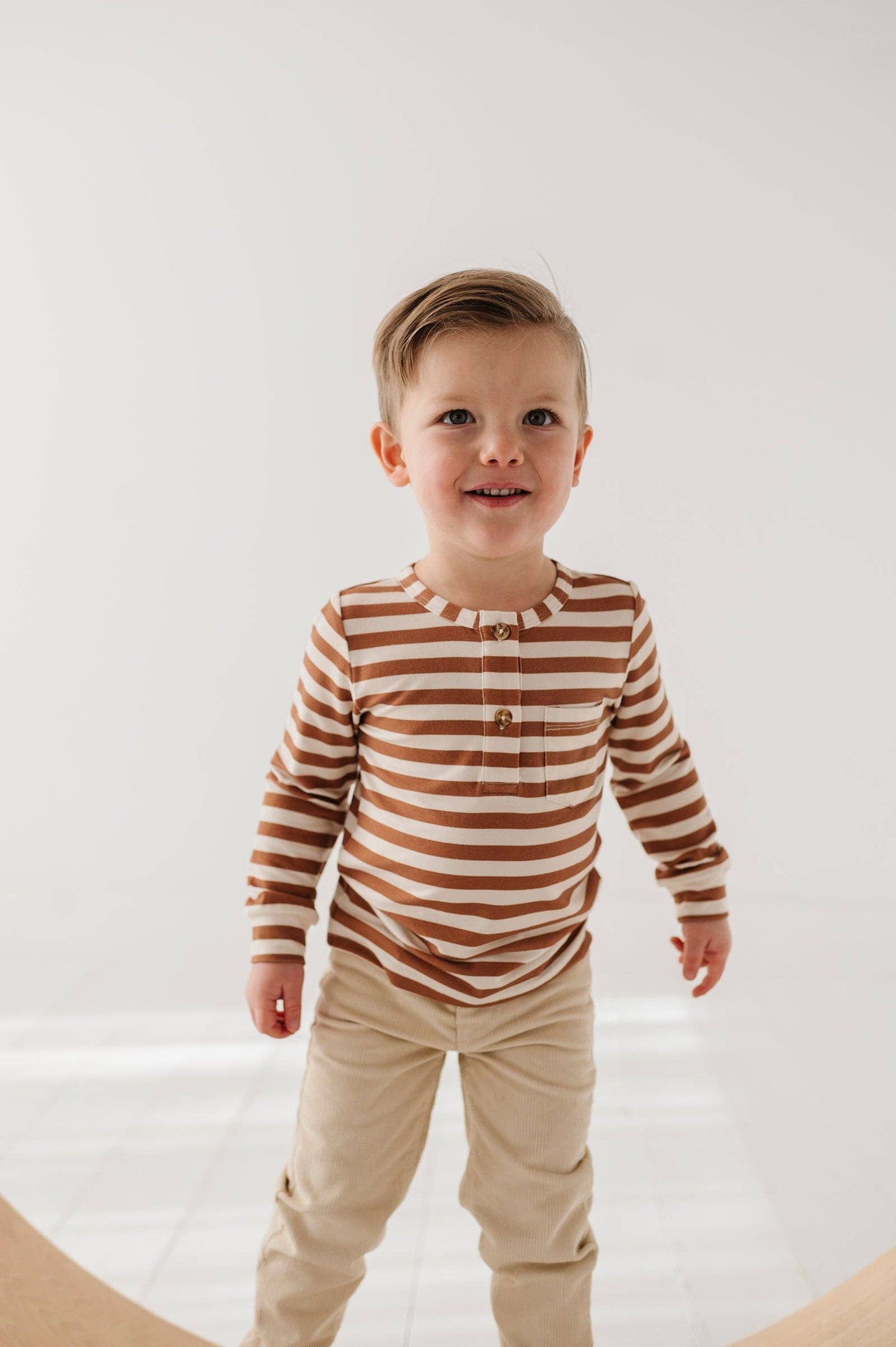 Long Sleeve Henley Shirt Bamboo Caramel Stripe