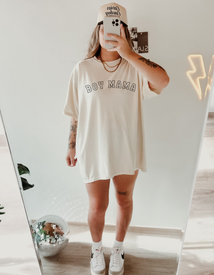 Boy Mama Comfort Colors Varsity Tee: Pepper/Charcoal