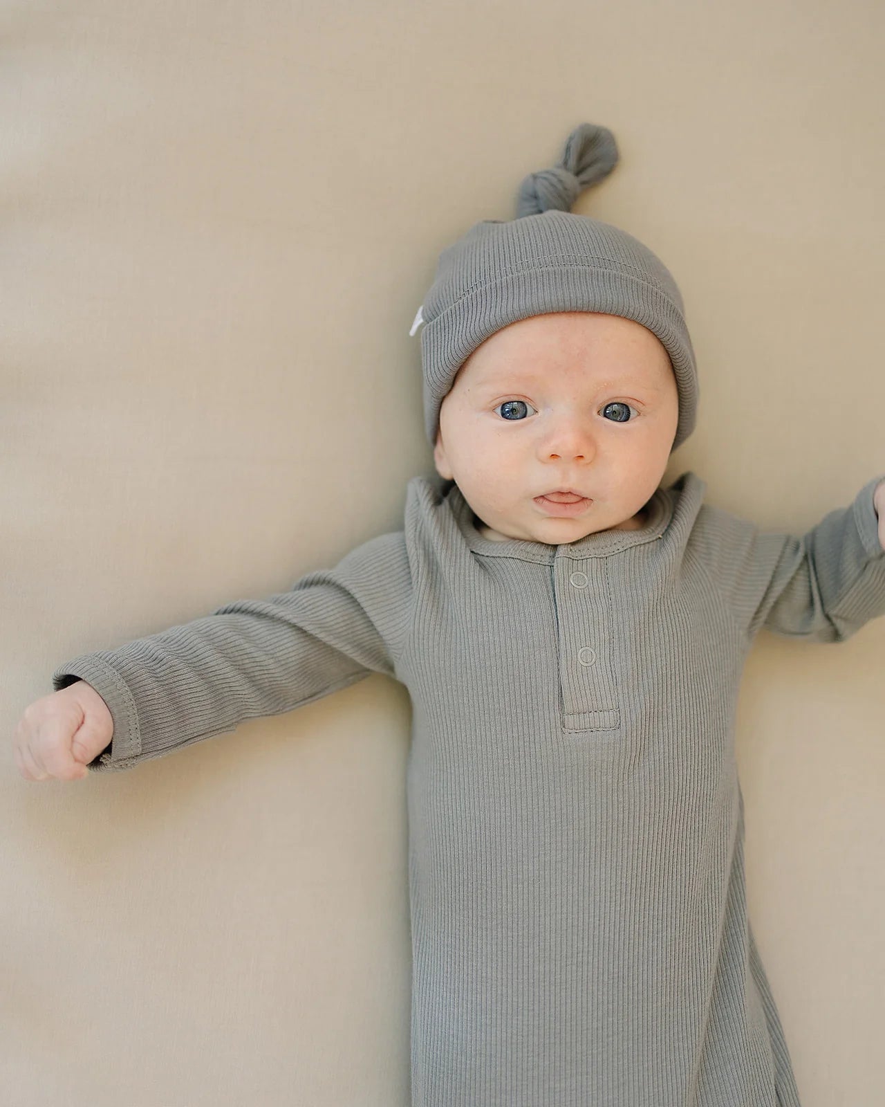 Grey Organic Ribbed Top Knot Newborn Hat