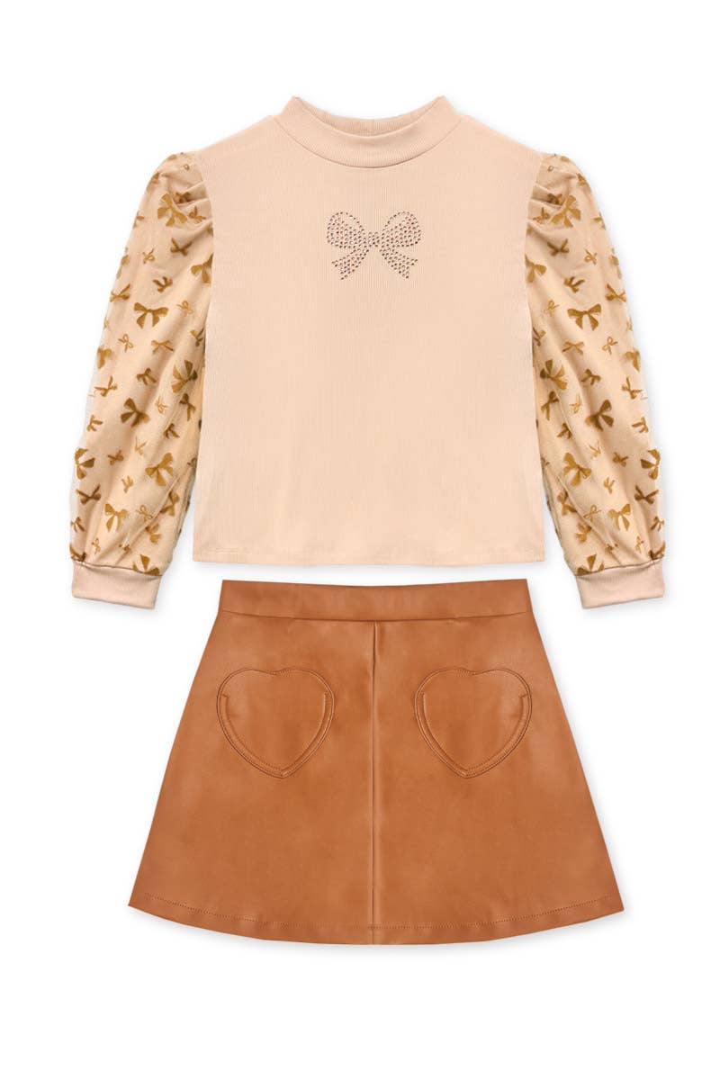 Girl's 2pc Pleather Skirt Set: Caramel