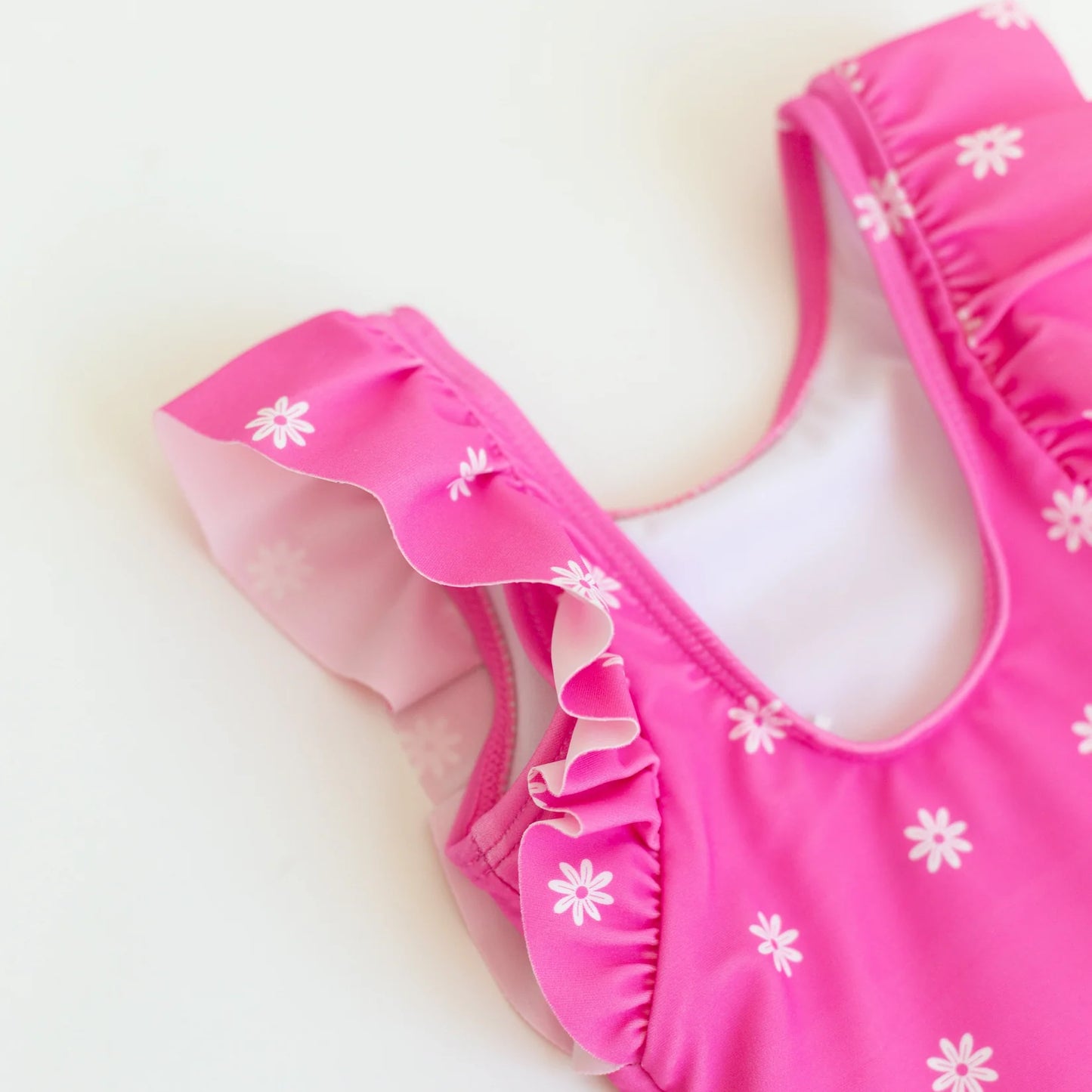 Hot Pink Daisies Ruffle Sleeve Bathing Suit
