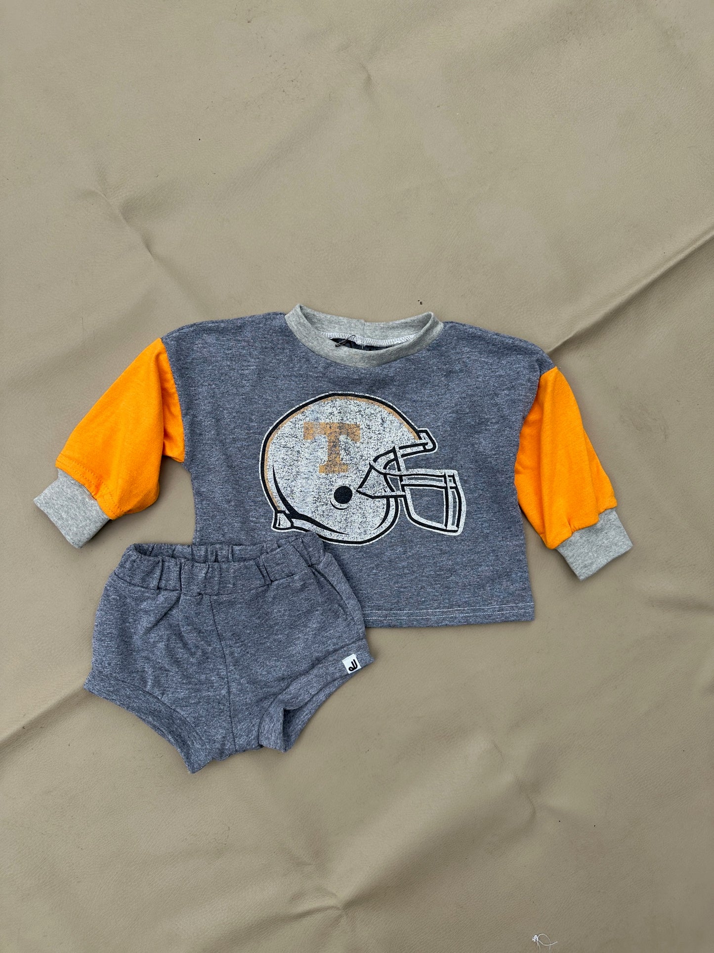 JuneJuly Custom Upcycled Children's Clothing: 9-12m/ Long Sleeve Boxy Gray TShirt & Shorties Set