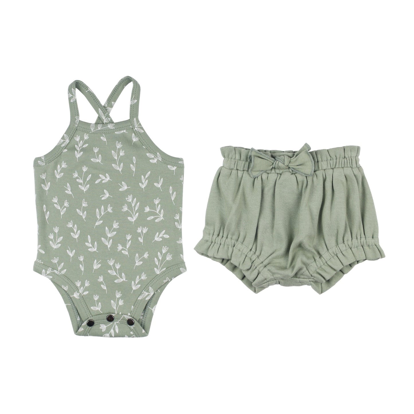 Organic Criss-Cross Bodysuit and Ruffle Bloomer Set in Seafoam Bloom