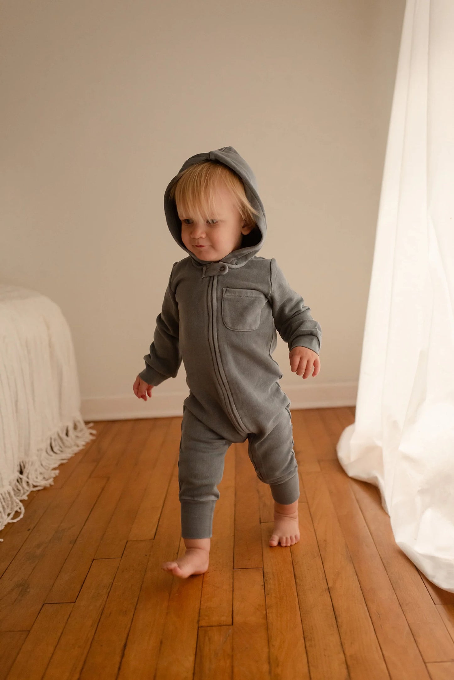 Moonshine Ash Navy - Organic Cozy Zip Hooded Romper