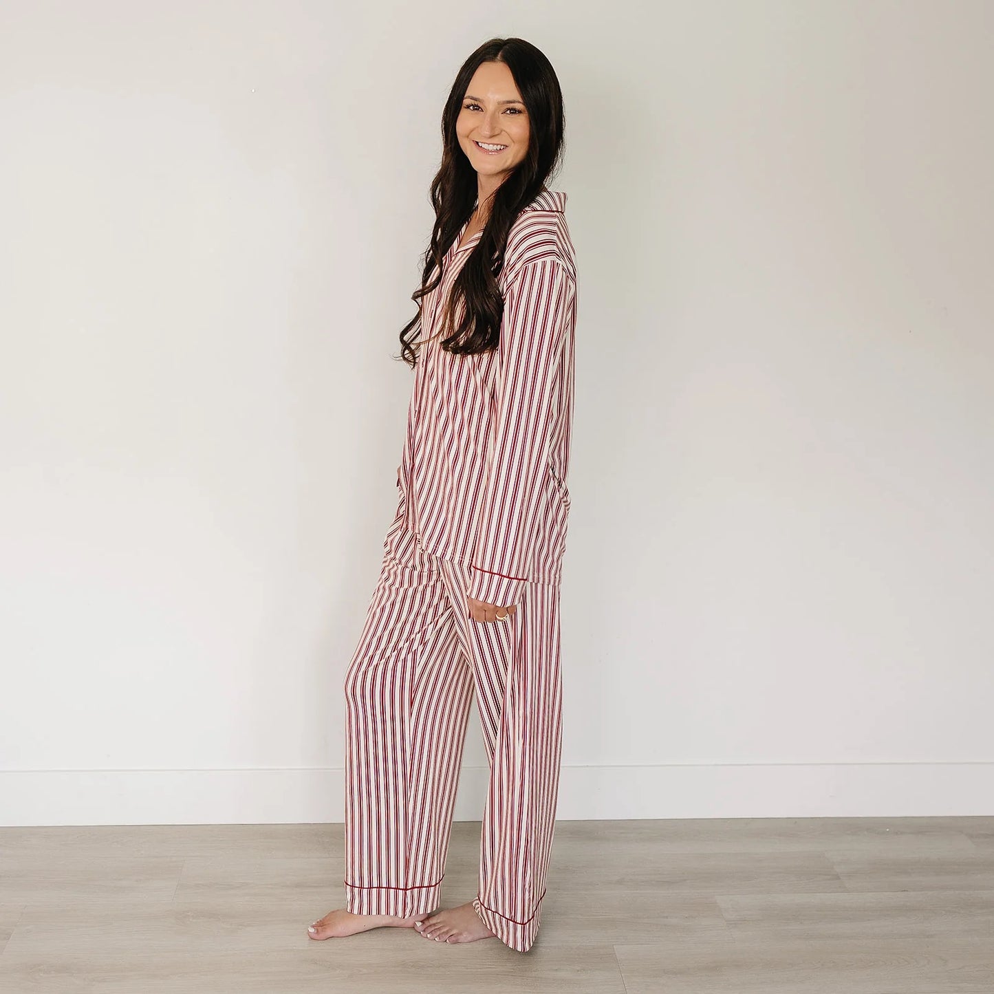 Women's Red Stripe Long Sleeve Bamboo Button Down Loungewear