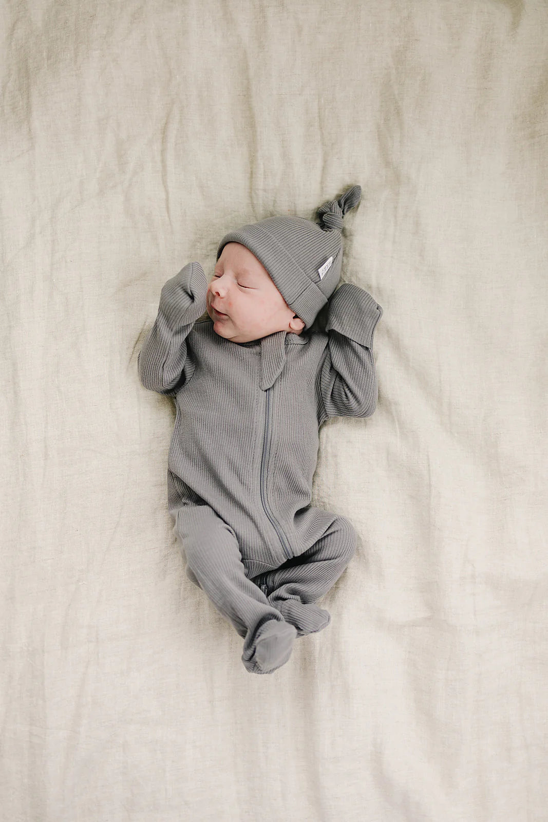 Grey Organic Ribbed Top Knot Newborn Hat