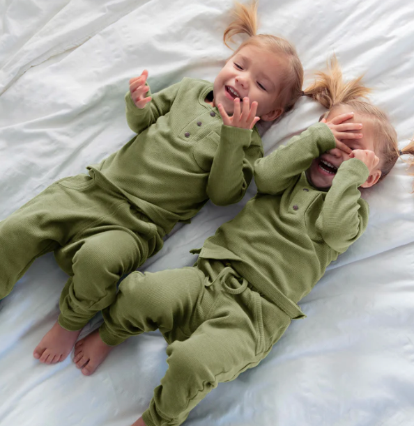 Kids Organic Thermal Henley Jogger Set - Sage