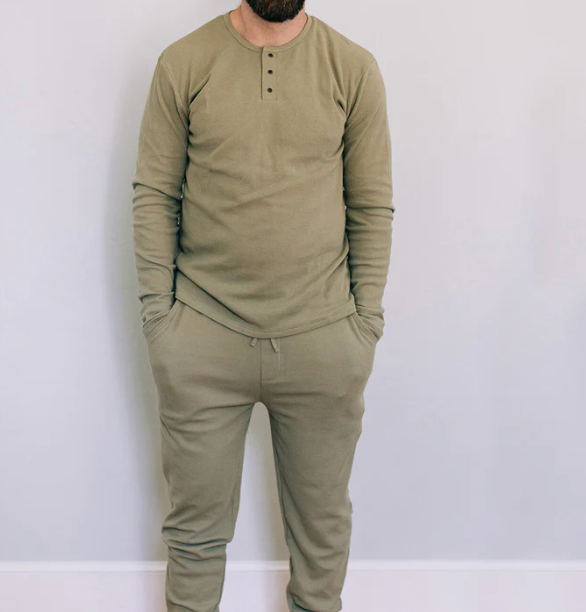 Men's Organic Thermal Henley Jogger Set - Sage