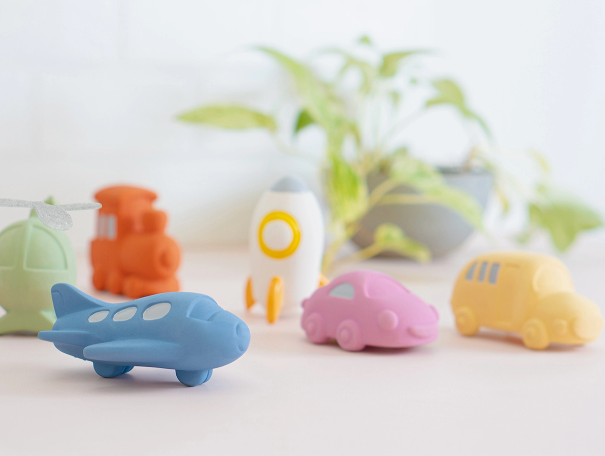 100% Natural Rubber Teether, Rattle, Bath Toy - Bus