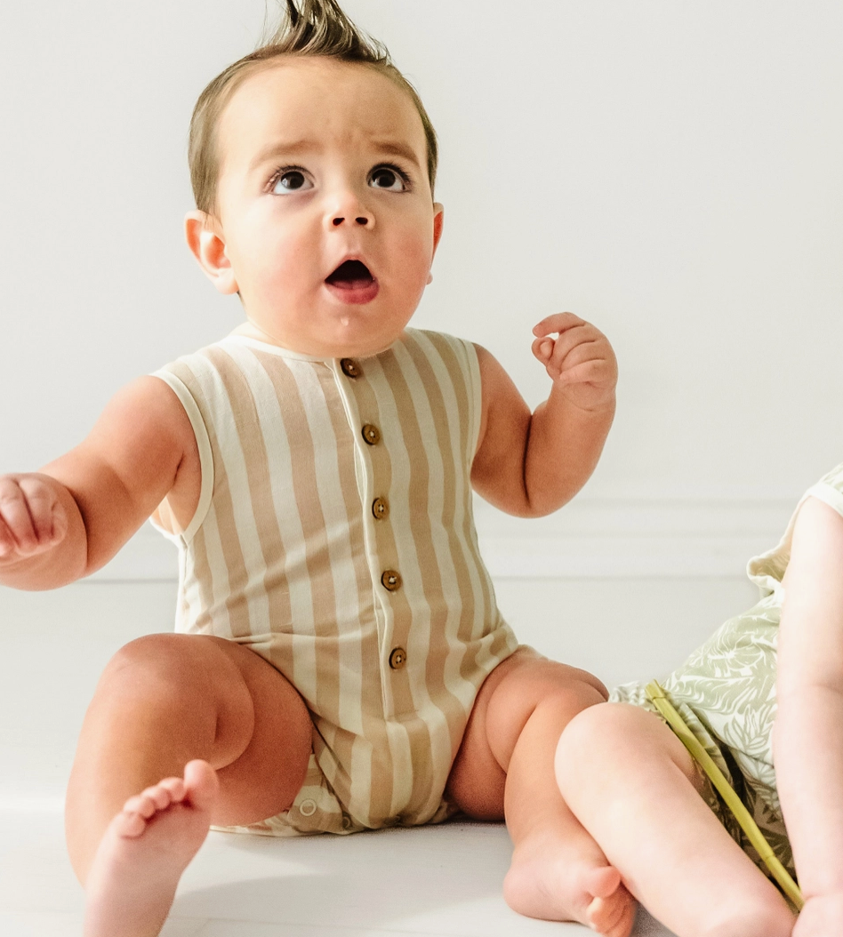 Organic Sleeveless Bubble Romper - Beige Stripes