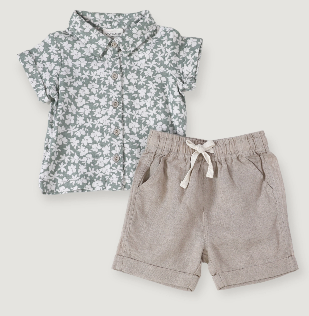 Natural Linen Floral Shirt and Short Set