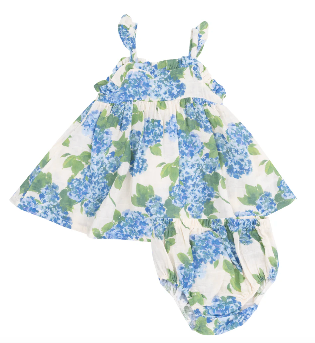Organic Watercolor Hydrangeas Muslin Ruffle Sundress with Diaper Cover