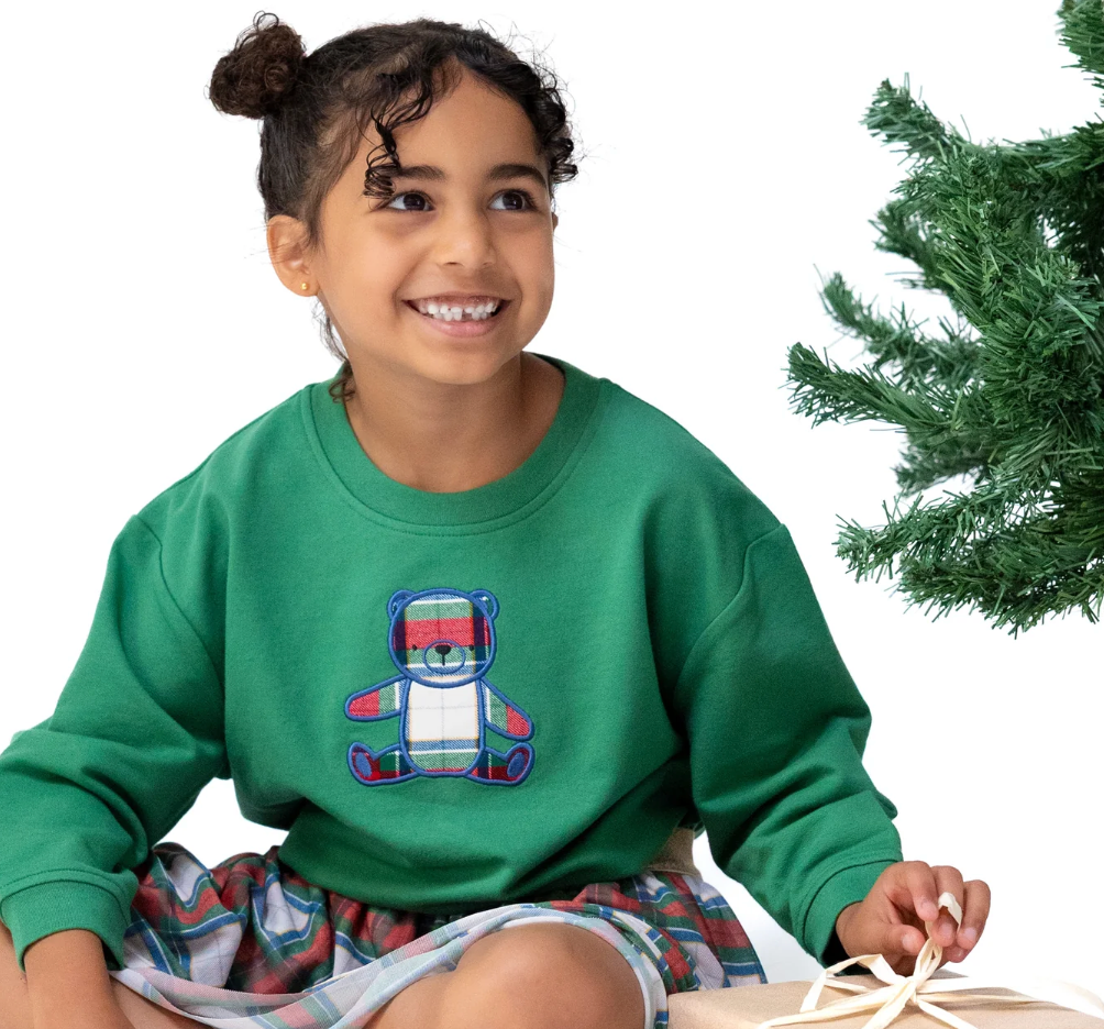 Plaid Teddy Bear Green Śweatshirt