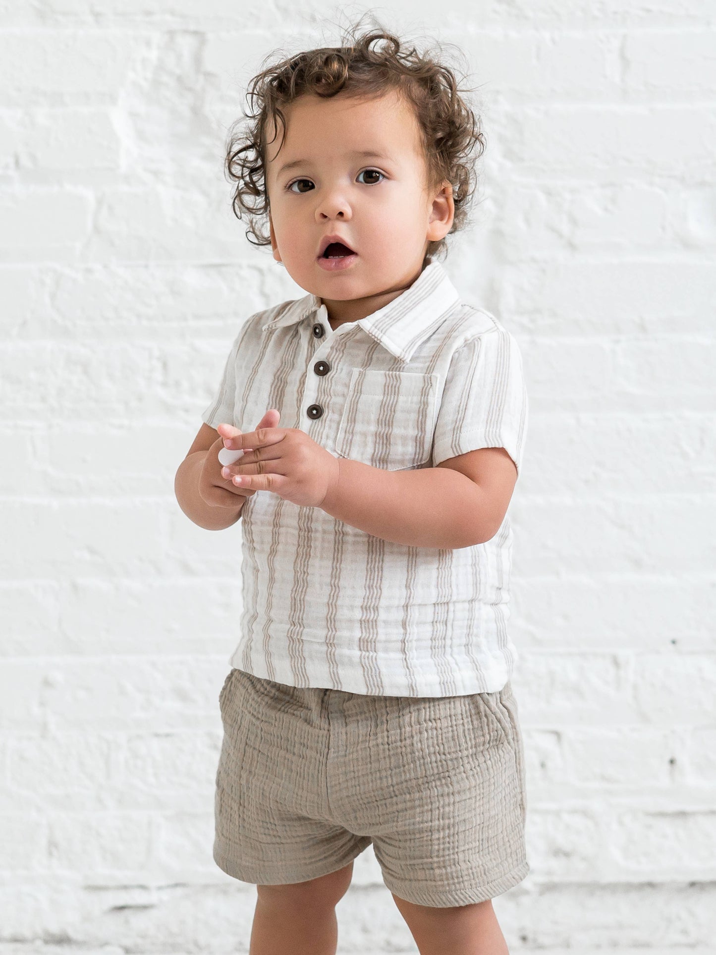 Organic Ezra Muslin Short Sleeve Polo - Enzo Stripe / Beige