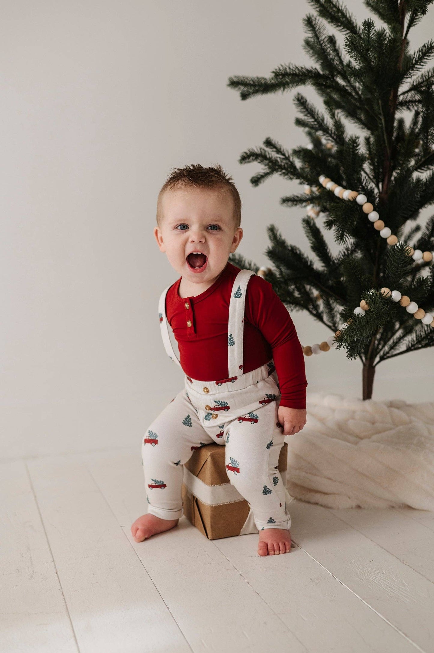 Henley Bodysuit & Suspenders Set: Christmas Truck