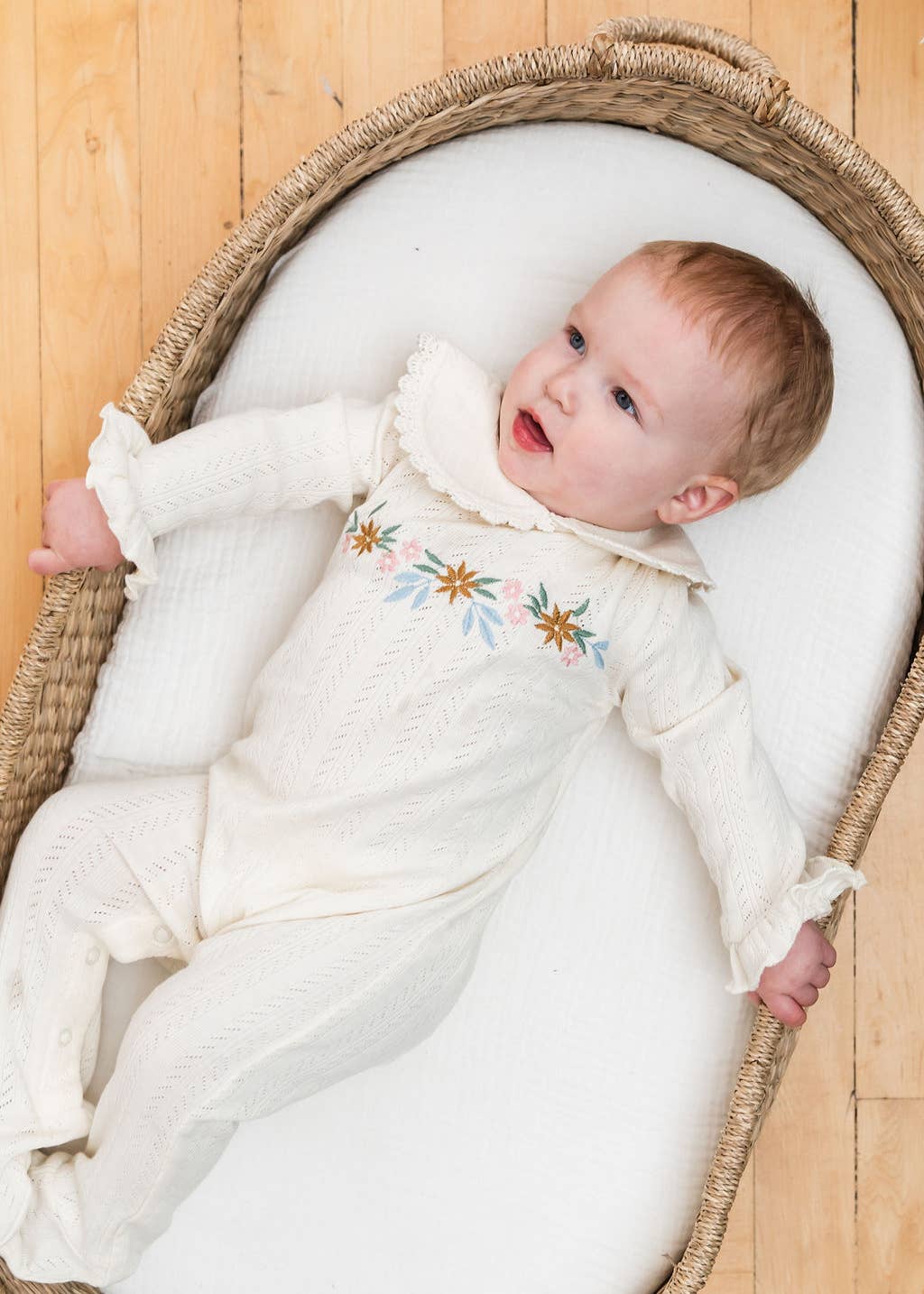 Floral Embroidered Pointelle & Ruffle Baby Footie (Organic): Natural