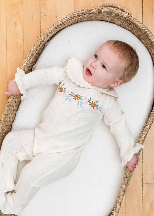Floral Embroidered Pointelle & Ruffle Baby Footie (Organic): Natural