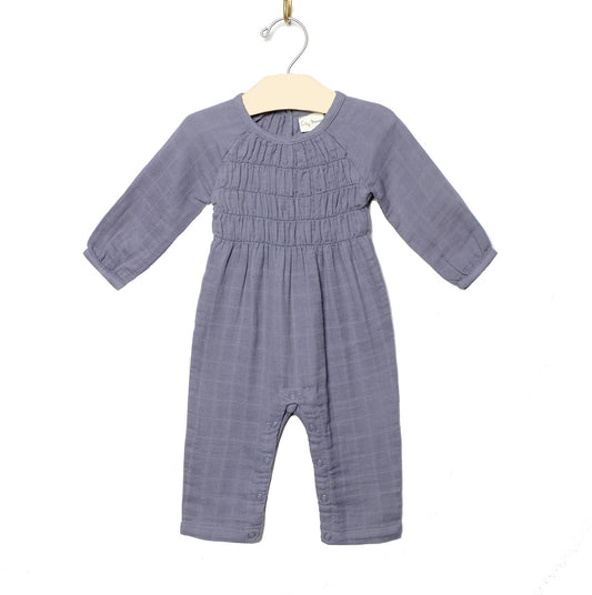 Smocked Long Romper- Blue Granite