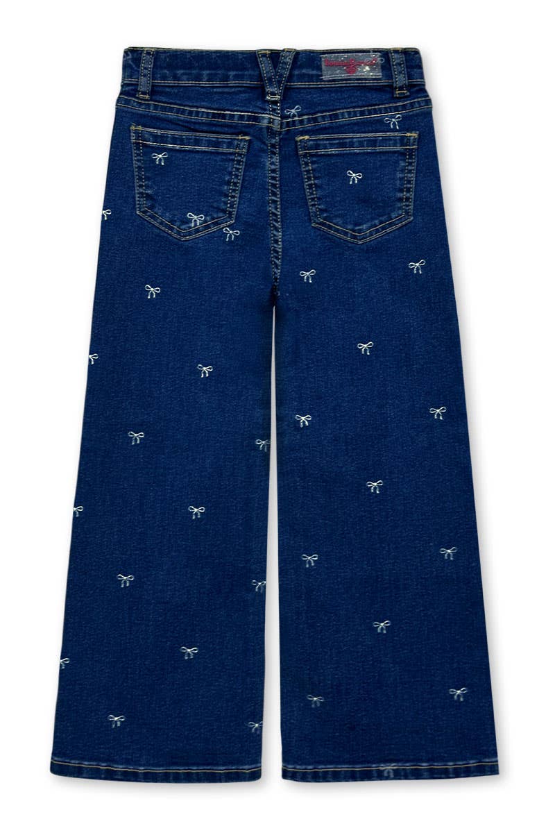Girl's Wide Leg Bow Print Denim Jean: Dark Denim