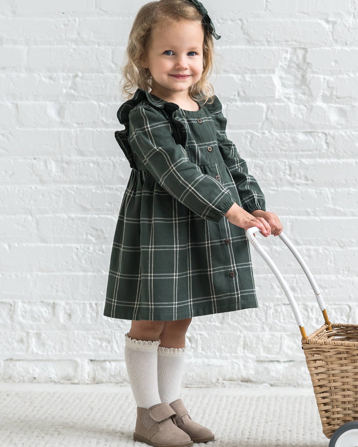 Rya Flannel Ruffle Dress (& Baby Bloomers): Pine Plaid