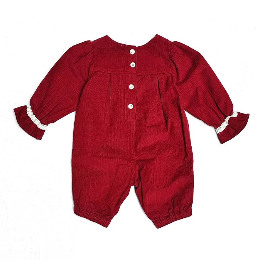 Embroidered Corduroy Festive Baby Jumpsuit (Organic): Pinot Red