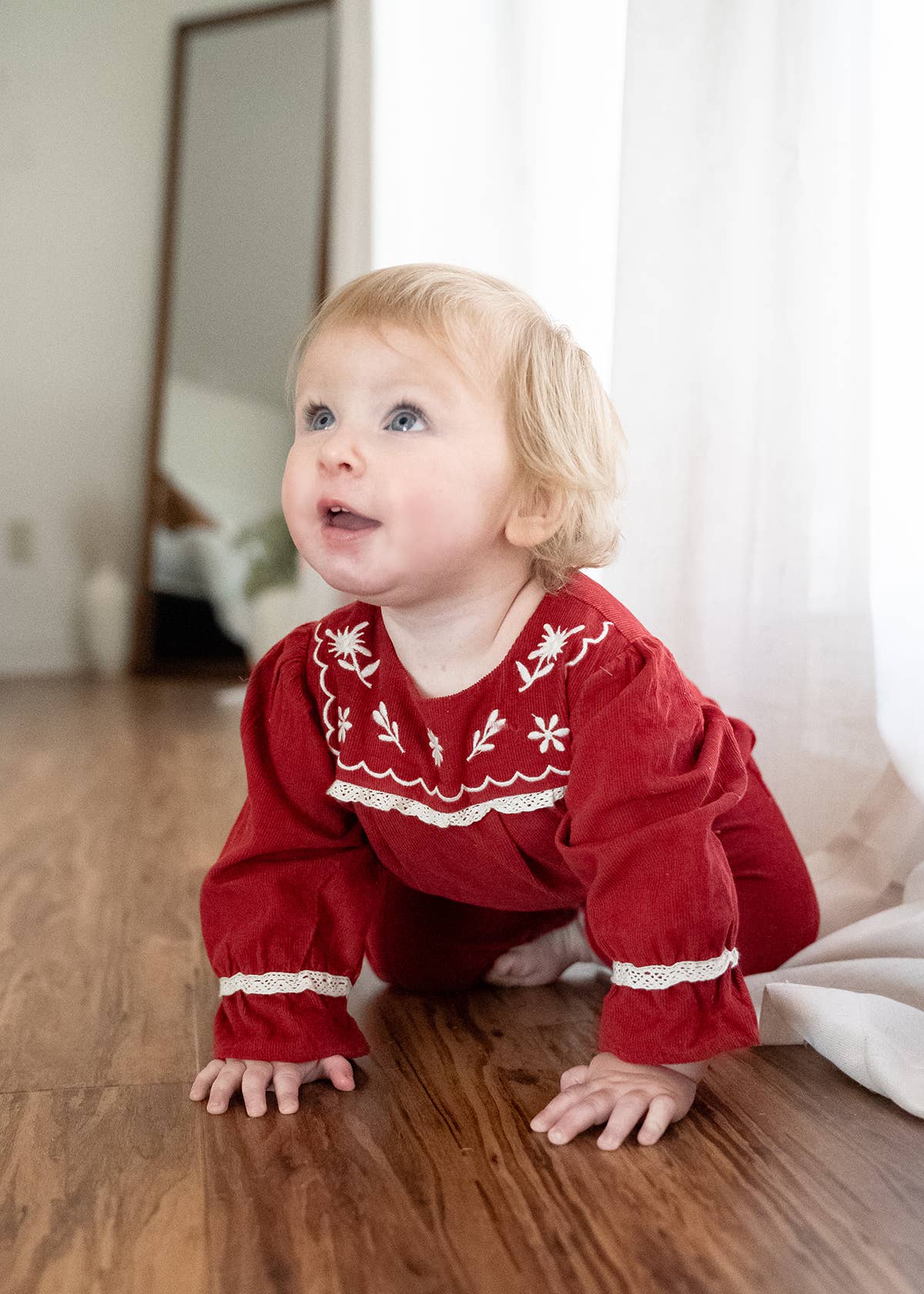 Embroidered Corduroy Festive Baby Jumpsuit (Organic): Pinot Red