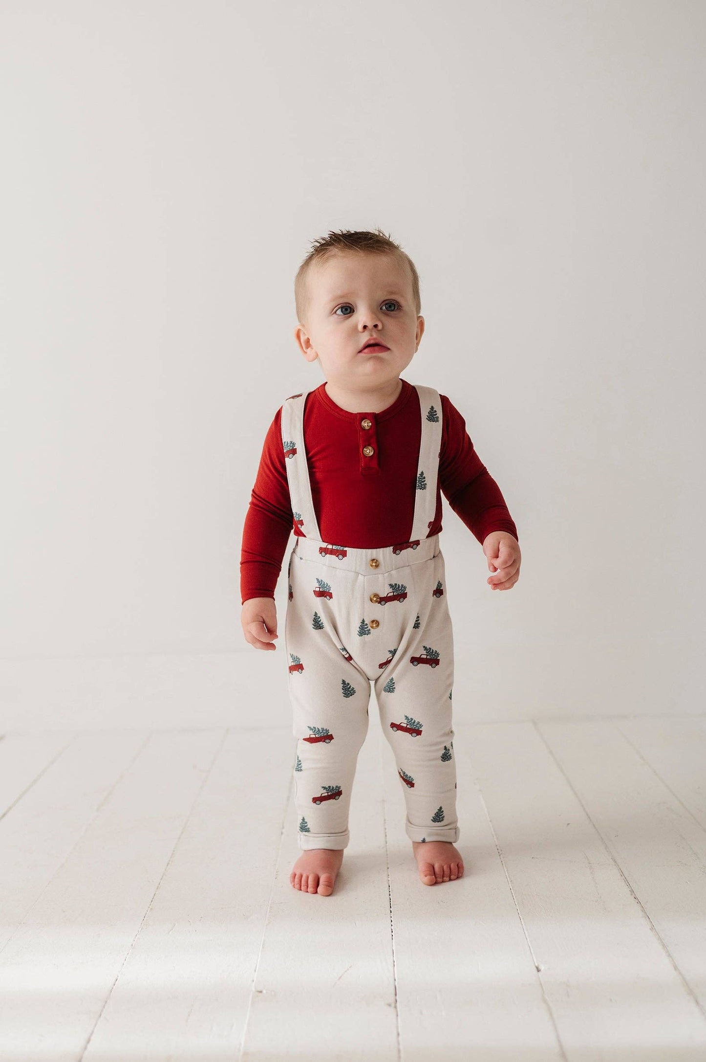 Henley Bodysuit & Suspenders Set: Christmas Truck