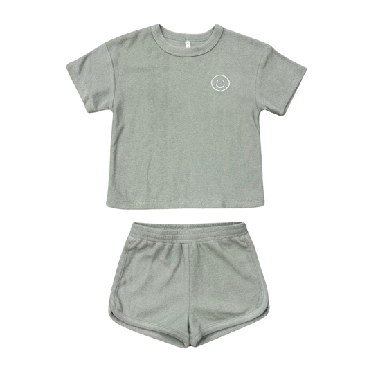 Short Sleeve Cotton Terry Set- Aqua Grey