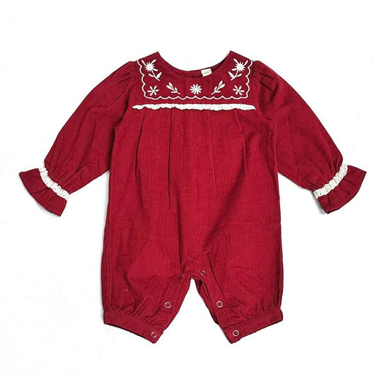 Embroidered Corduroy Festive Baby Jumpsuit (Organic): Pinot Red