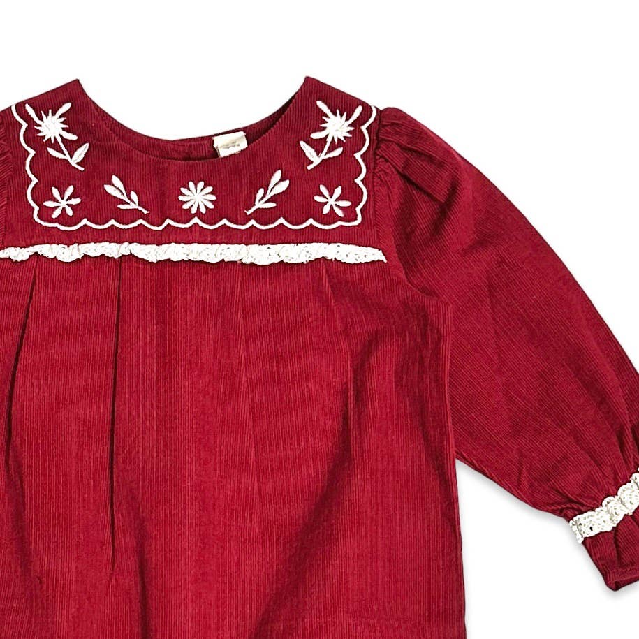 Embroidered Corduroy Festive Baby Jumpsuit (Organic): Pinot Red