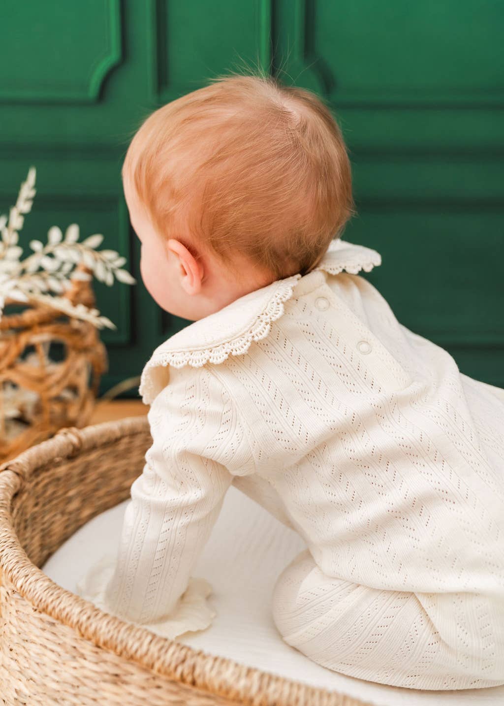 Floral Embroidered Pointelle & Ruffle Baby Footie (Organic): Natural