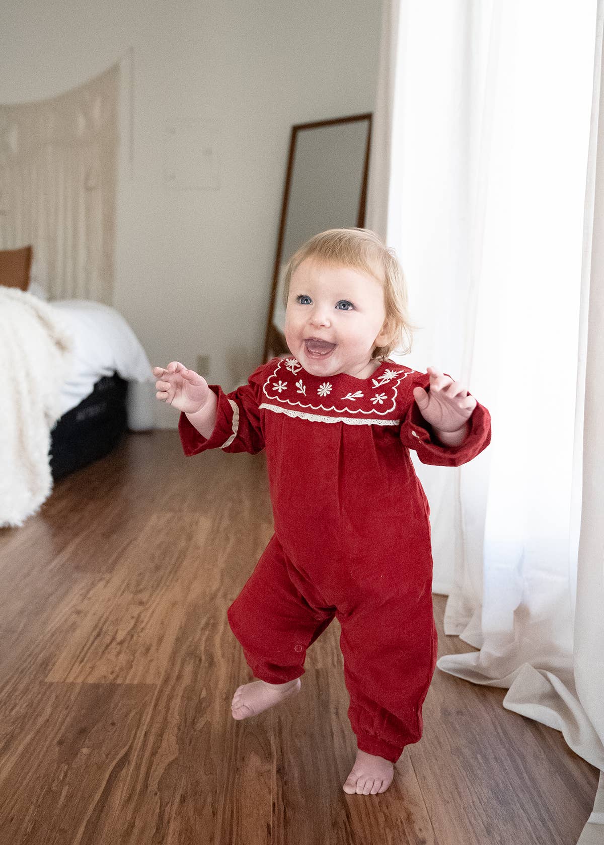 Embroidered Corduroy Festive Baby Jumpsuit (Organic): Pinot Red