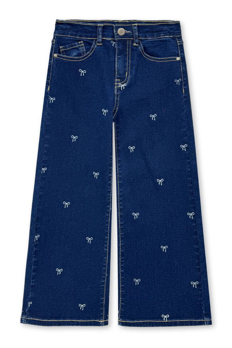Girl's Wide Leg Bow Print Denim Jean: Dark Denim