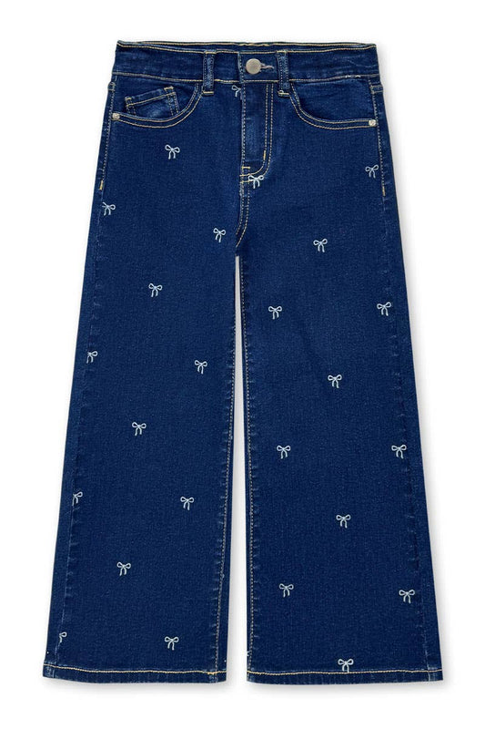 Girl's Wide Leg Bow Print Denim Jean: Dark Denim
