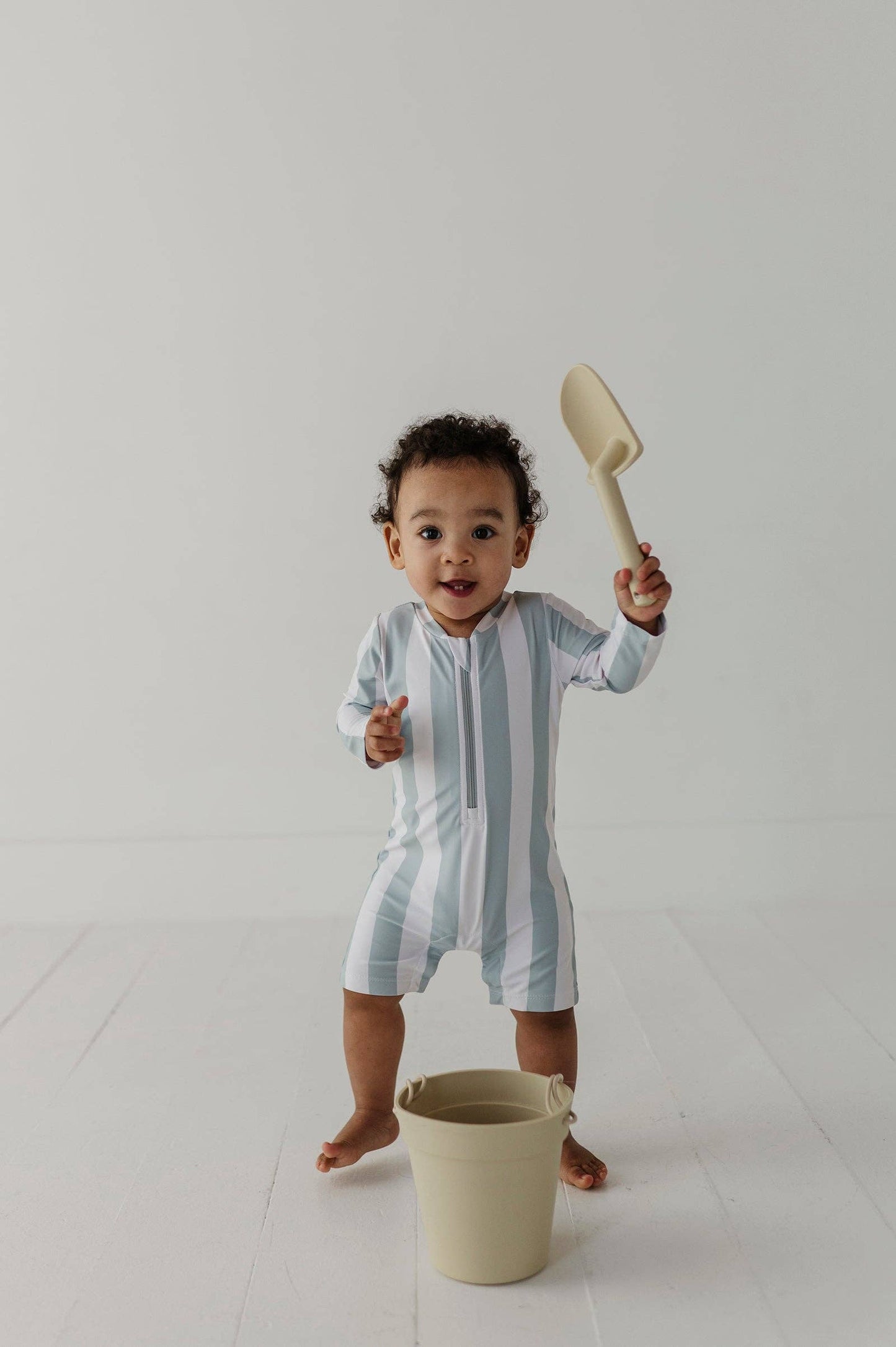 One-Piece Rash Guard Swimsuit Aqua Grey Stripe