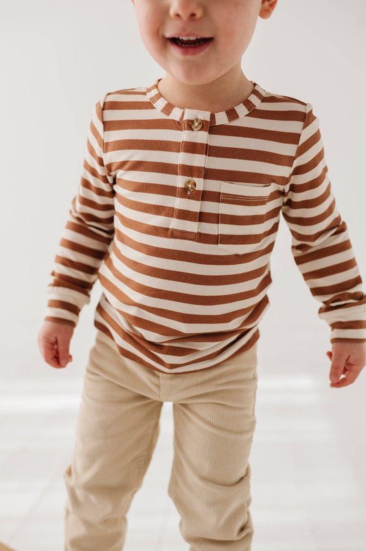 Long Sleeve Henley Shirt Bamboo Caramel Stripe