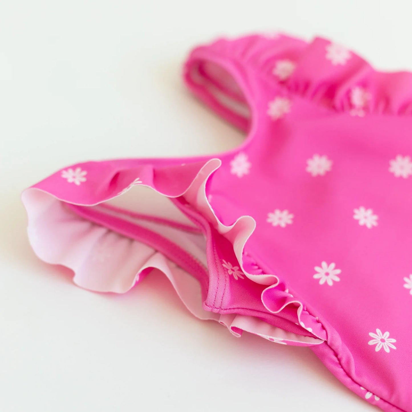 Hot Pink Daisies Ruffle Sleeve Bathing Suit