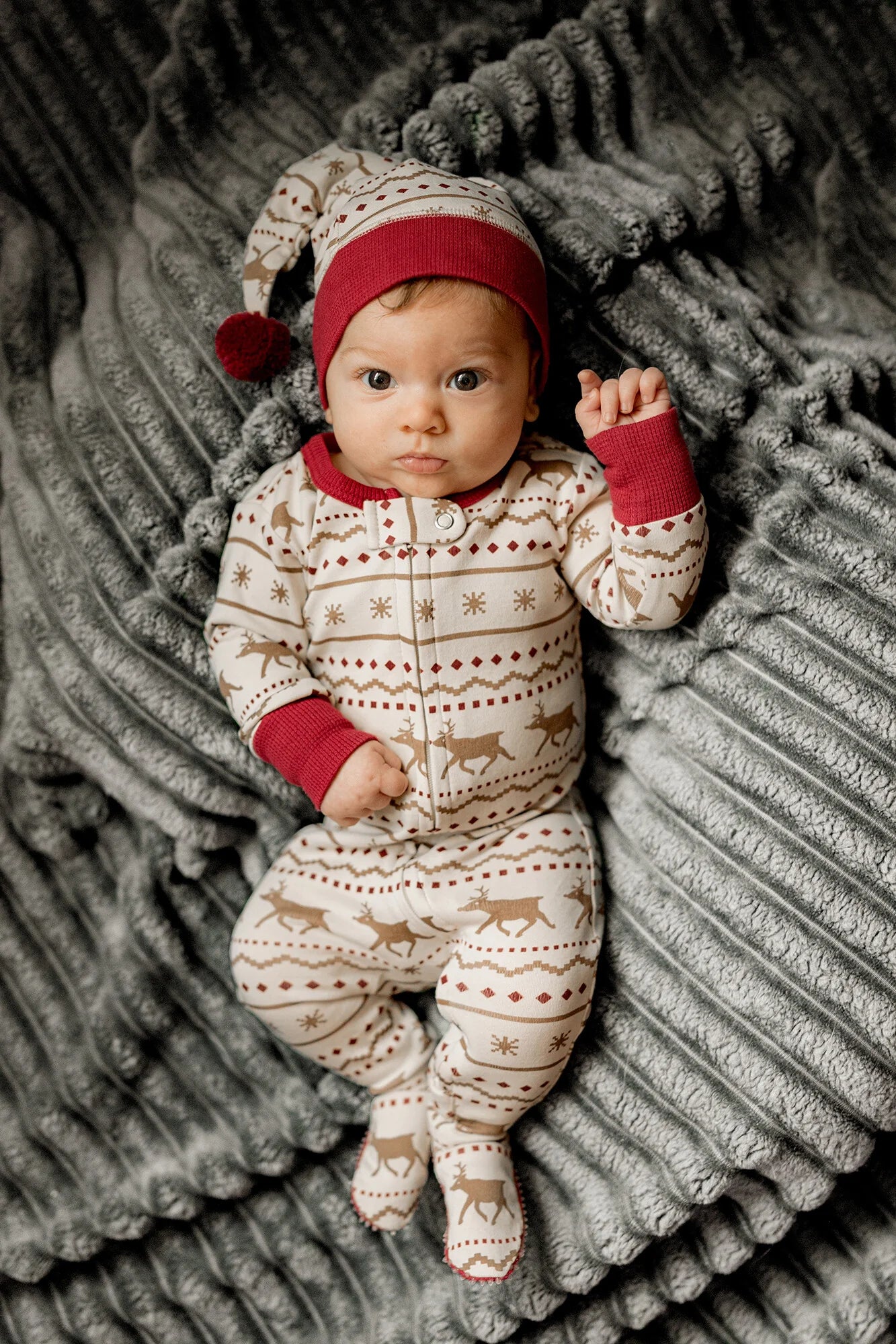 Fair Isle Rudolph - 2 Way Zipper Footie with Cap