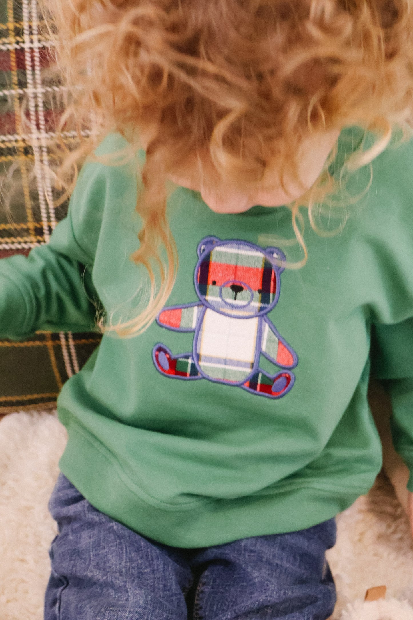 Plaid Teddy Bear Green Śweatshirt