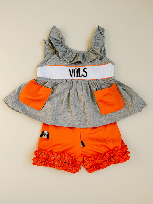 VOLS Girls Smocked Top + Embroidered Ruffle Short Set