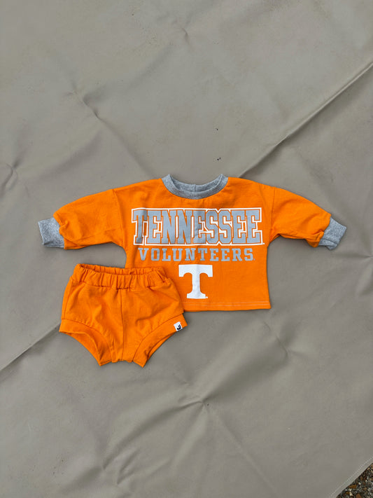 JuneJuly Custom Upcycled Children's Clothing: 6-9m/ Long Sleeve Boxy TShirt & Shorties Set