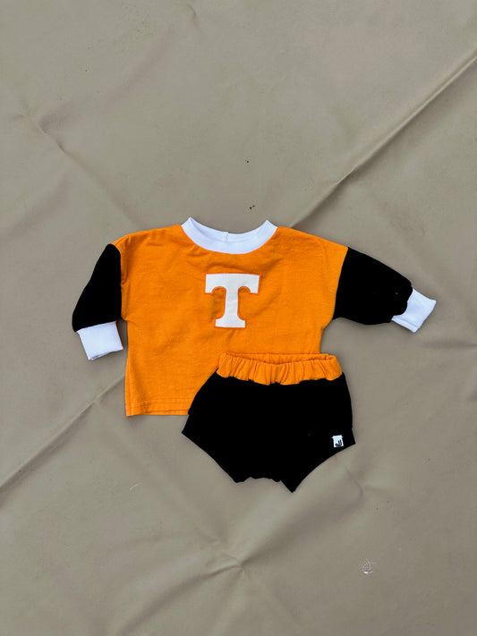 JuneJuly Custom Upcycled Children's Clothing: 0-3m/ Long Sleeve Boxy TShirt & Shorties Set