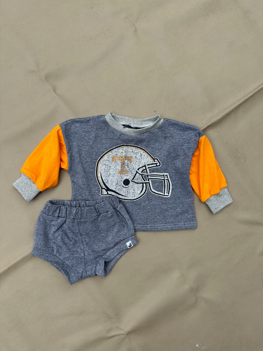 JuneJuly Custom Upcycled Children's Clothing: 9-12m/ Long Sleeve Boxy Gray TShirt & Shorties Set