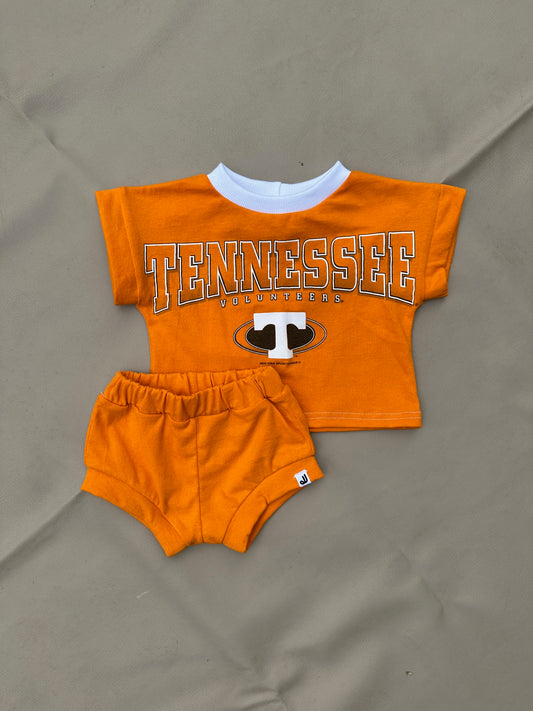 JuneJuly Custom Upcycled Children's Clothing: 3-6m/ Short Sleeve Boxy TShirt & Shorties Set