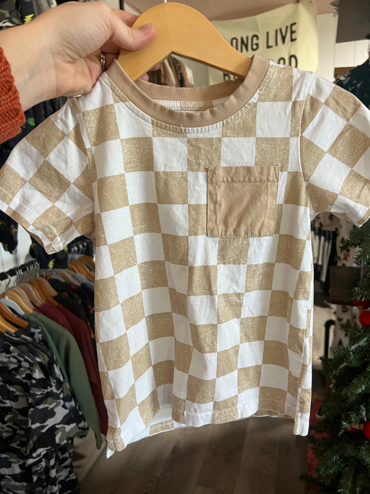 4-5T Little Bipsy Tan Checkered Tee - VGUC