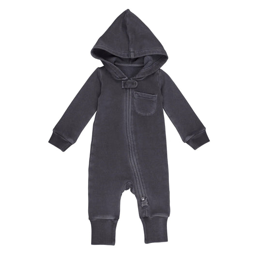 Coal Gray- Organic Cozy Zip Hooded Romper