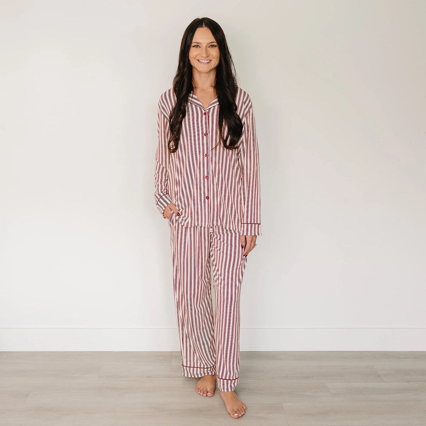 Women's Red Stripe Long Sleeve Bamboo Button Down Loungewear