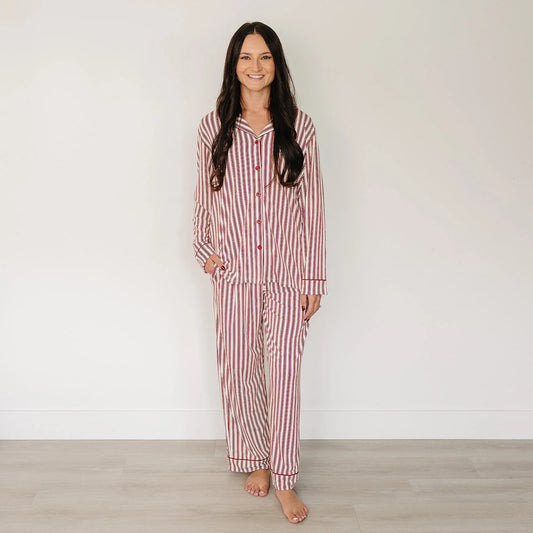 Women's Red Stripe Long Sleeve Bamboo Button Down Loungewear