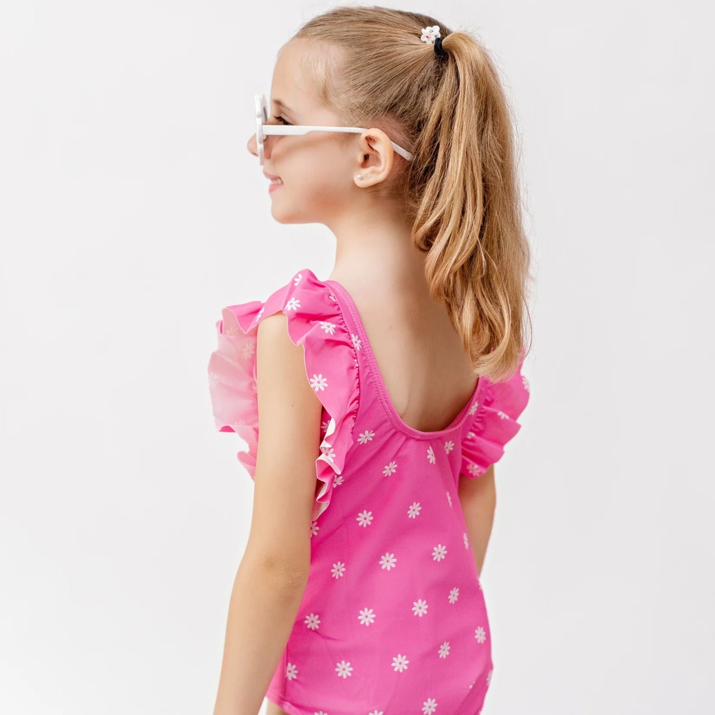 Hot Pink Daisies Ruffle Sleeve Bathing Suit
