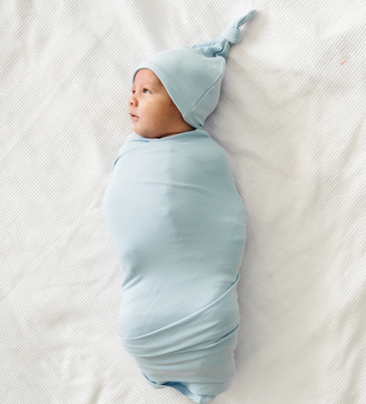 Baby Blue Stretchy Ribbed Bamboo Swaddle + Beanie Set